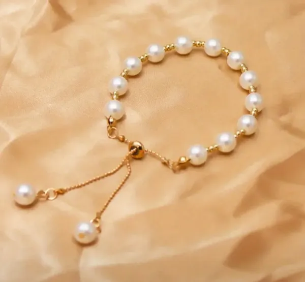 Elegant Gold White Faux Pearl Adjustable Golden Bracelet - Image 3