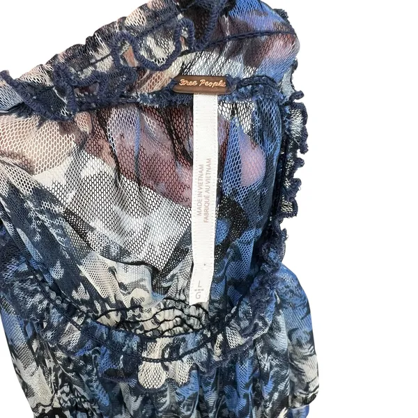 Free People Hello There Top‎ Blouse Smocked Flare Sleeve Mesh Floral Blue Large - Image 10