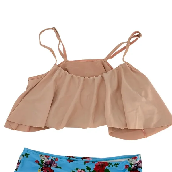 Two Piece Bikini Set‎ Womens Large Blue Pink Floral Ruffle High Waist Beach - Image 3