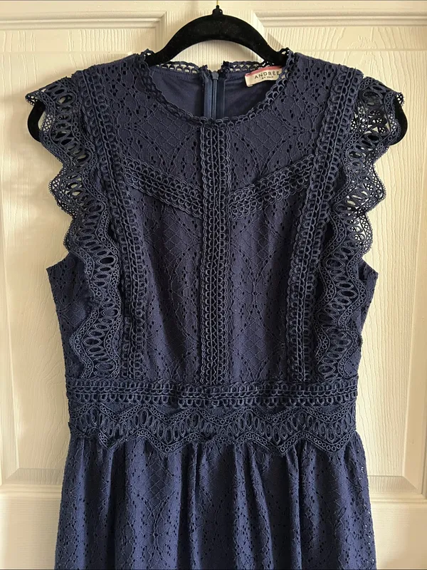 Andree by Unit Navy Cottage Eyelet Mini Dress Med Indie Cotton Blend Boho-Chic - Image 5