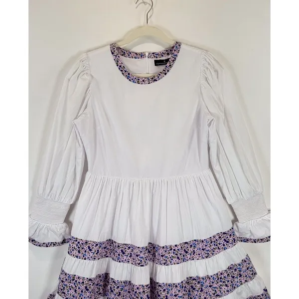 Tuckernuck Pomander Place Mini Dress White Floral Tiered Fran Puff Sleeve XS - Image 9