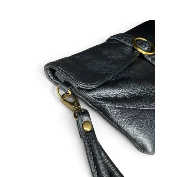 Clarks England Leather Baguette Clutch Bag Wristlet Blue Cotton Lined - Image 3