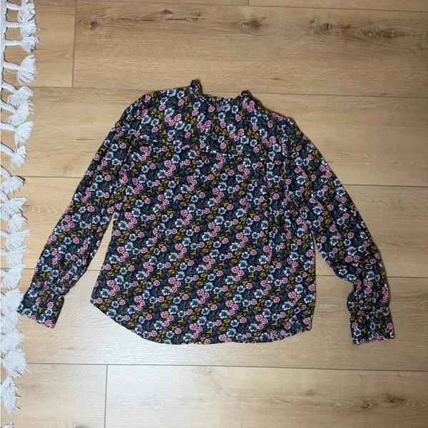 LOFT Cottagecore Floral Blouse Ruffle Bib Keyhole Dark Academia Vintage Style M - Image 5