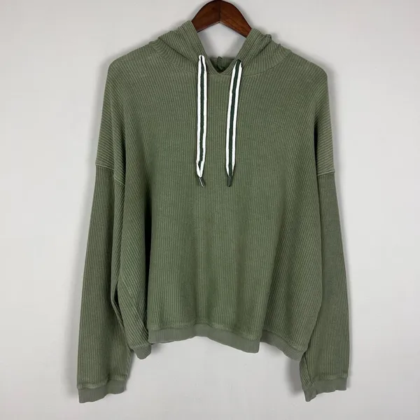 Aerie Hoodie Sweatshirt Womens Large Green Ribbed Cropped Corded 100% Cotton L‎ - Image 6
