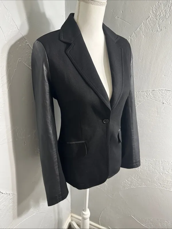 Neiman Marcus Black Leather-Trim Blazer - Image 3