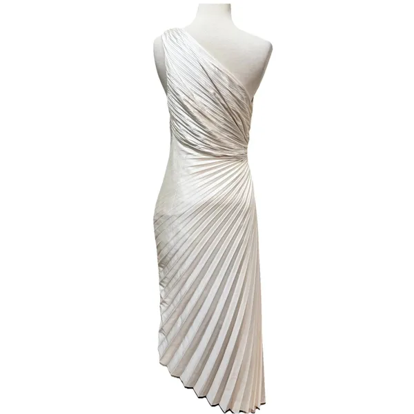 Dress Forum Olympia One Shoulder Pleated Asymmetric Maxi Dress Medium Ivory HOCO - Image 6