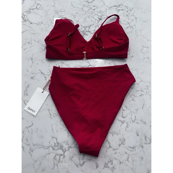 NWT Quince Cherry Red Italian V Neck Bikini Top & High Rise High Leg Bottom Set - Image 2