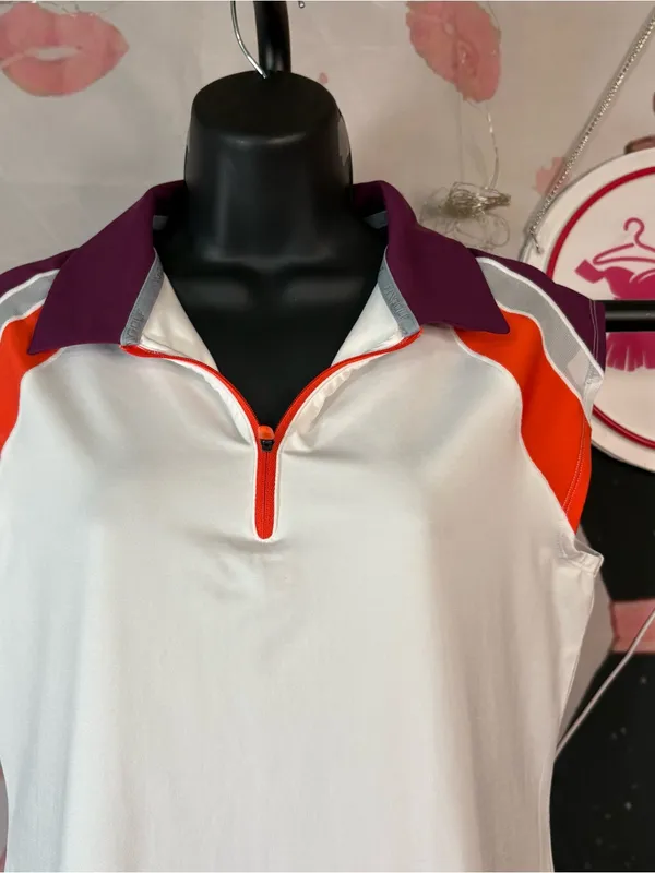 Under Armour White Sleeveless Polo Tank with Purple & Orange Trim M - Image 4