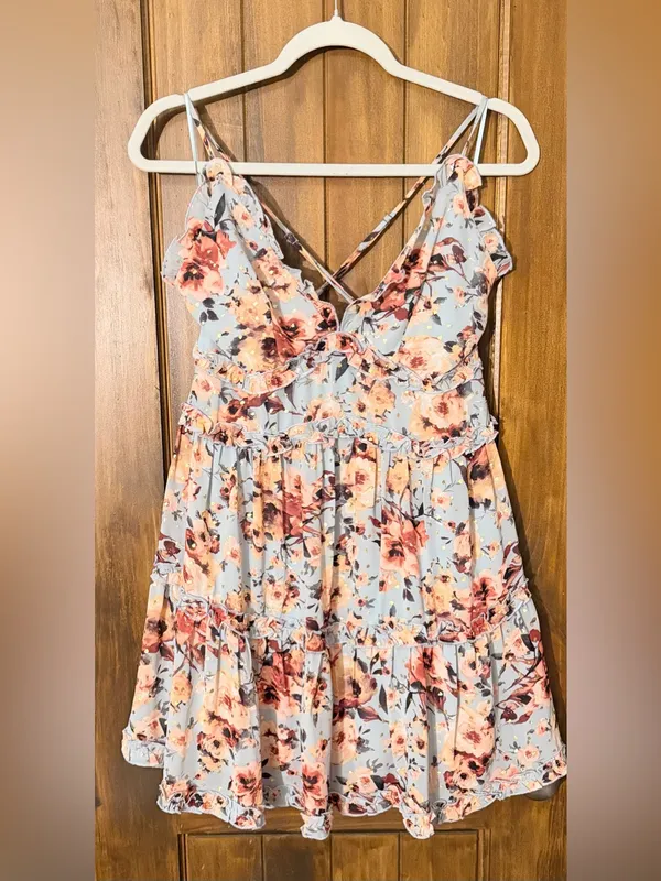 Altar'd State Floral Ruffle Tiered Sundress in Light Blue and Coral - Image 2