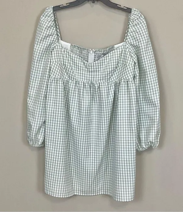 Gianni Bini Gingham Babydoll Dress Green & Ivory Long Sleeve Sz 12 NWT Kennedy - Image 2
