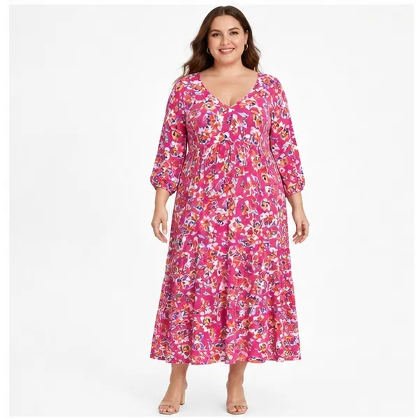 The Pioneer Woman Women Maxi Dress 3XL Pink Floral Tiered Rayon Boho Cottagecore - Image 3