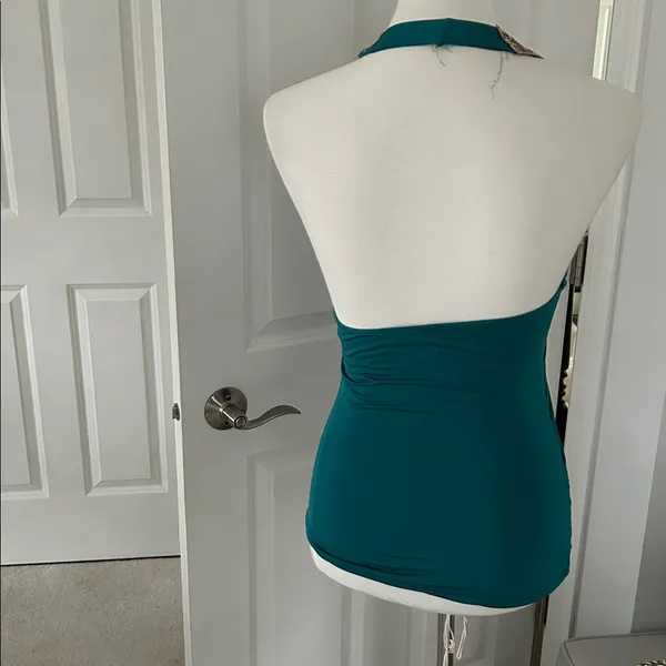 Stunning Teal Blue Y2K Halter Top with Gold Sequins - Image 4