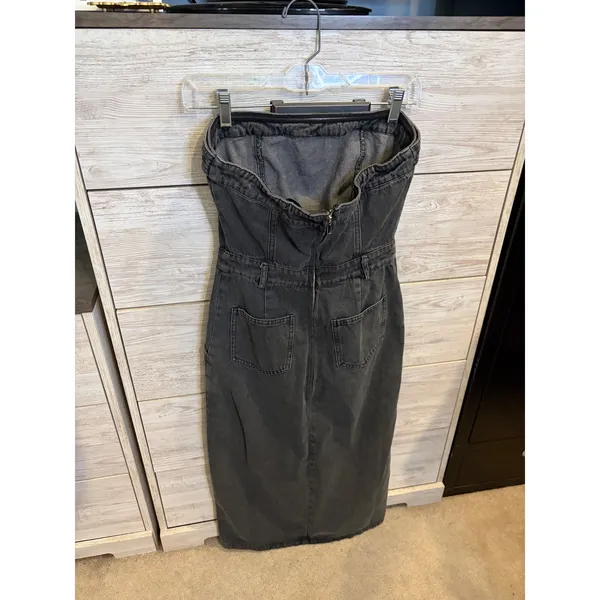 Blue Blush Strapless Denim Midi Dress Washed Black Front Slit Tube Top XS - Image 4