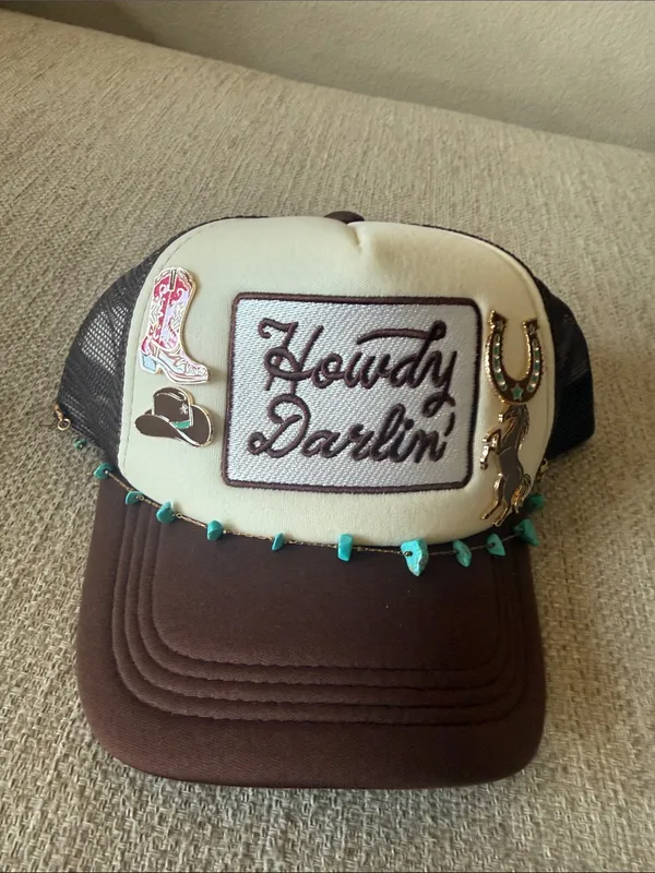 Howdy Darlin' Embellished Trucker Hat - Cream & Brown with Turquoise Accents - Image 4