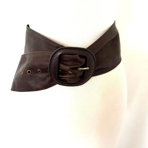 Max Mara Brown Leather Wide Waist Belt Brown Tone Buckle Made In Italy Luxury S - Image 2