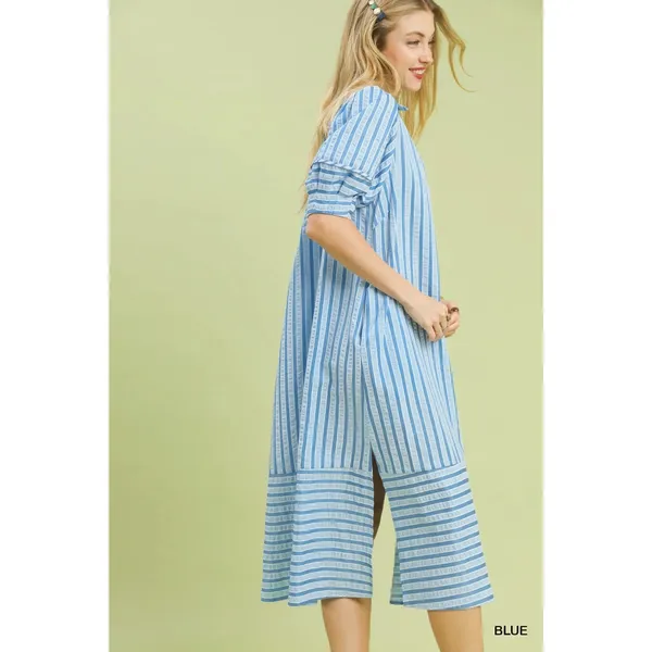 Umgee Striped Puff Sleeve Midi Dress - Blue - Large - Image 2