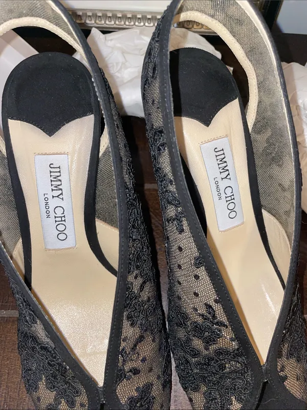 Jimmy Choo Shar 85 Black Floral Lace Peep-Toe Heels Size US 9 / EU 39 MSRP $1200 - Image 14
