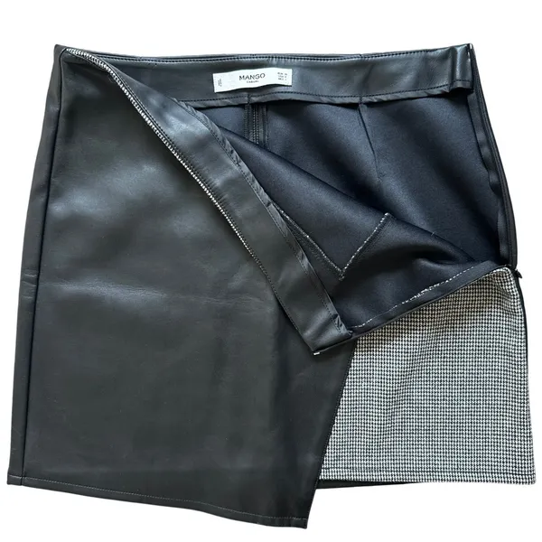 Mango Retro Asymmetrical Micro Mini Skirt 6 Black Faux Leather Houndstooth Tweed - Image 3