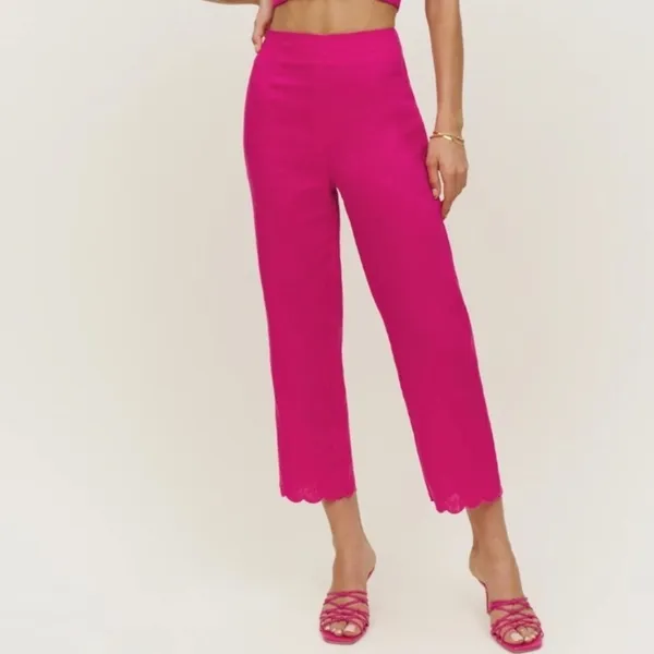 REFORMATION Hot Pink Linen‎ Scalloped Matching Set Liam Pants Overland top Sz 4 - Image 2