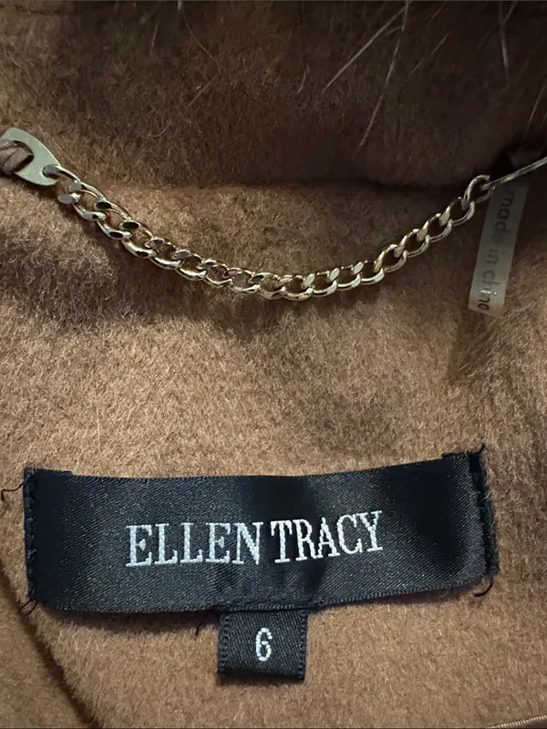 Ellen Tracy Size 6 Brown Wool Blend Belted Pea Coat Fox Fur Collar - Image 3