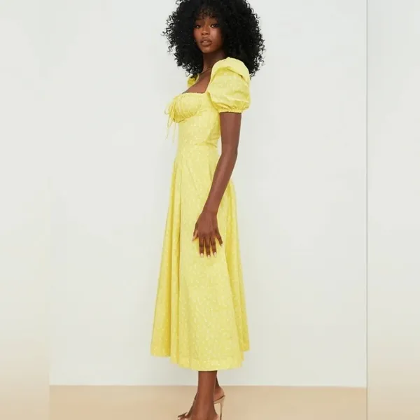 House of CB TALLULAH YELLOW FLORAL PUFF SLEEVE MIDI DRESS Size L - Image 2