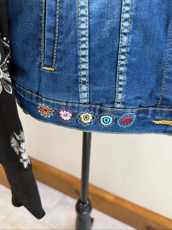 Ay Guey! Embroidered Wearable Art Denim Jacket Mexican Unique Boho SIze M - Image 3