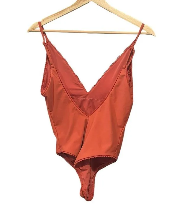 Aerie Crochet Lace Trim V Neck Back High Cut One Piece Swimsuit Rust Orange M - Image 5