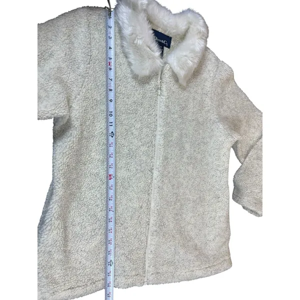 VTG 90s Y2K Denim & Co Faux Fur Collar Sherpa Fleece Zip Jacket M Ivory Coat - Image 6