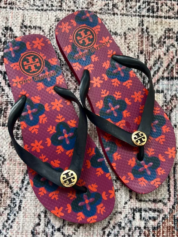 TORY BURCH Flip Flops Women’s Size 8 Magenta and Blue Thong Strap Beach Sandals - Image 2