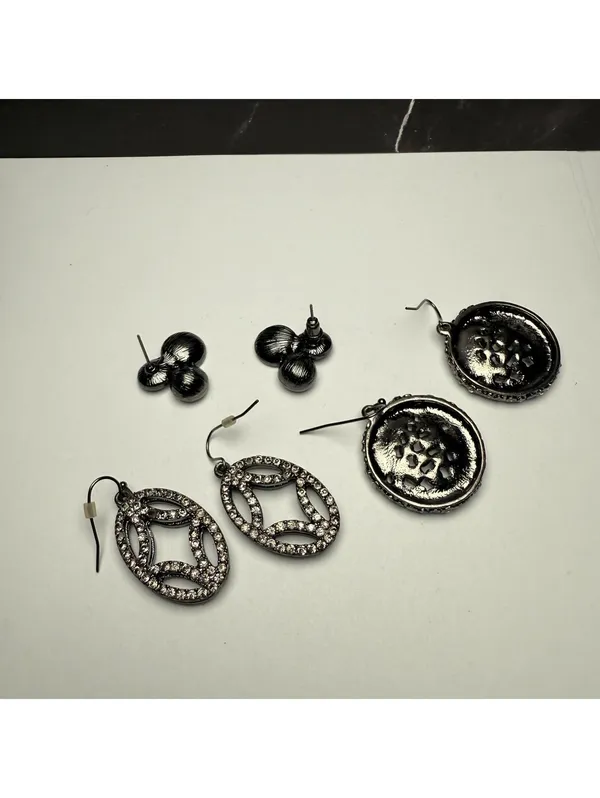 Rhinestone Dangle Drop / Stud Pierced Earrings Lot Of 3 Gunmetal Variety - Image 5