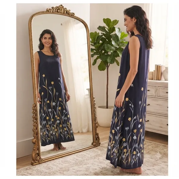 Vintage Jamie Brooke‎ Woman Navy Floral Rayon Sleeveless Maxi Dress 18W Boho - Image 2