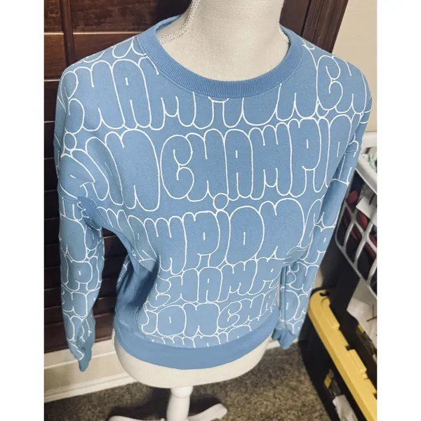 Champion Reverse Weave Sweatshirt Womens XS Light Blue Logo Spellout AOP - Image 2