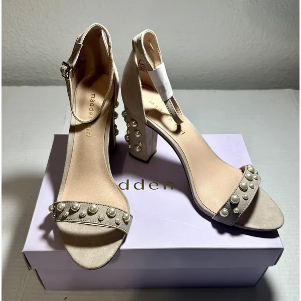 Madden Girl Block Heels Women 9 Bitsyy Blush Suede Faux Pearls Wedding Prom New - Image 3