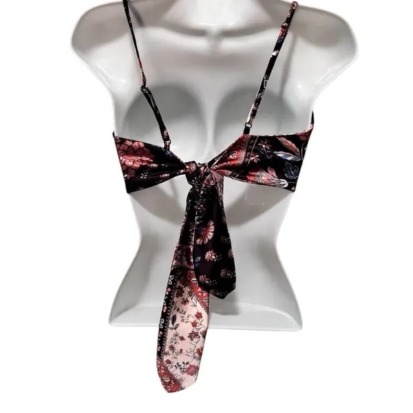 70’s Retro Inspired Silky Halter Top Floral Print Black Rose Gold Size S~M - Image 2