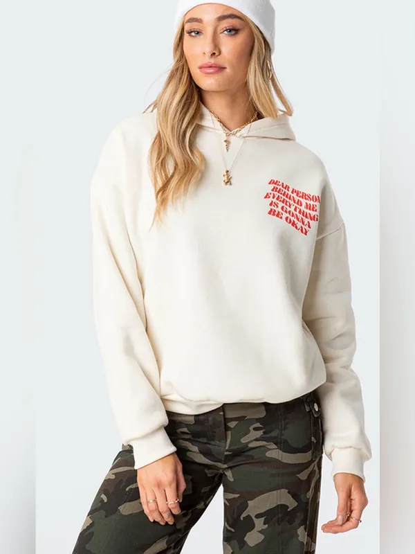 Edikted Everything's Ok Hoodie- Cream+Red - Image 5