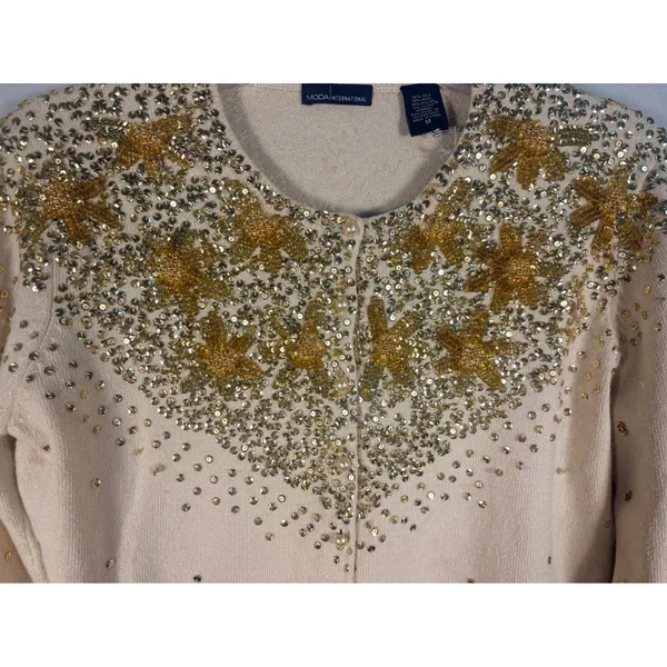 Moda International Cardigan Womens M Beige Silk Sequin Beaded Star - Image 11
