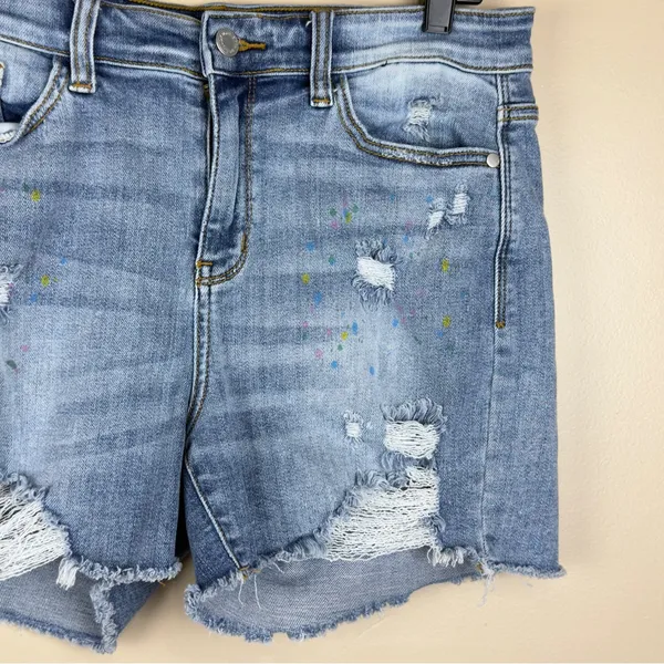Women’s Judy Blue Denim Frayed Paint Splash Shorts Size L - Image 5