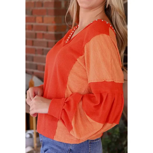 Charming Charlie sz L Women Studded Waffle VNeck Long Sleeve Top patchwork stitch - Image 4