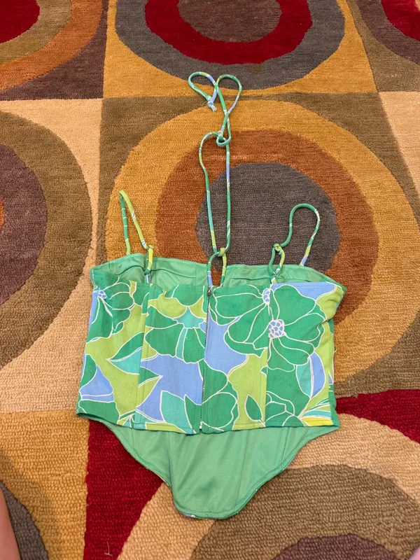 Sky To Moon Corset Top Spaghetti Strap / Halter Tie Blue Green Yellow Floral M - Image 2