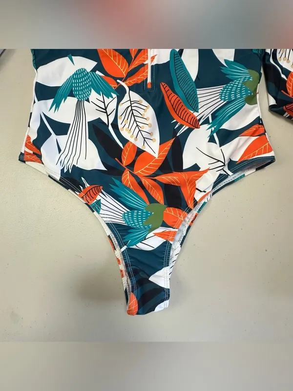 Long-Sleeve Teal Floral One-Piece Swim Suit with Front Zip Size L - Image 5