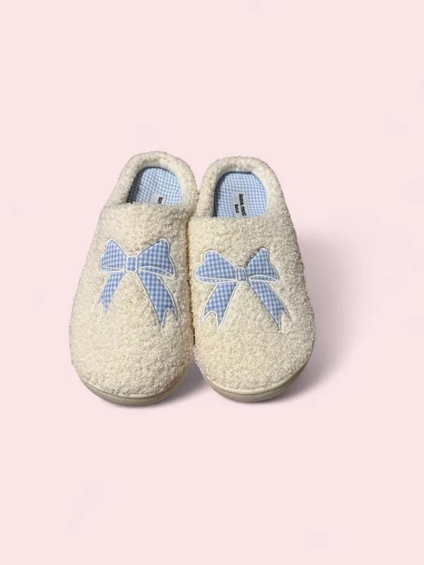 Plush Cream Sherpa Slip-On Slippers with Light Blue Gingham Bow - Image 2