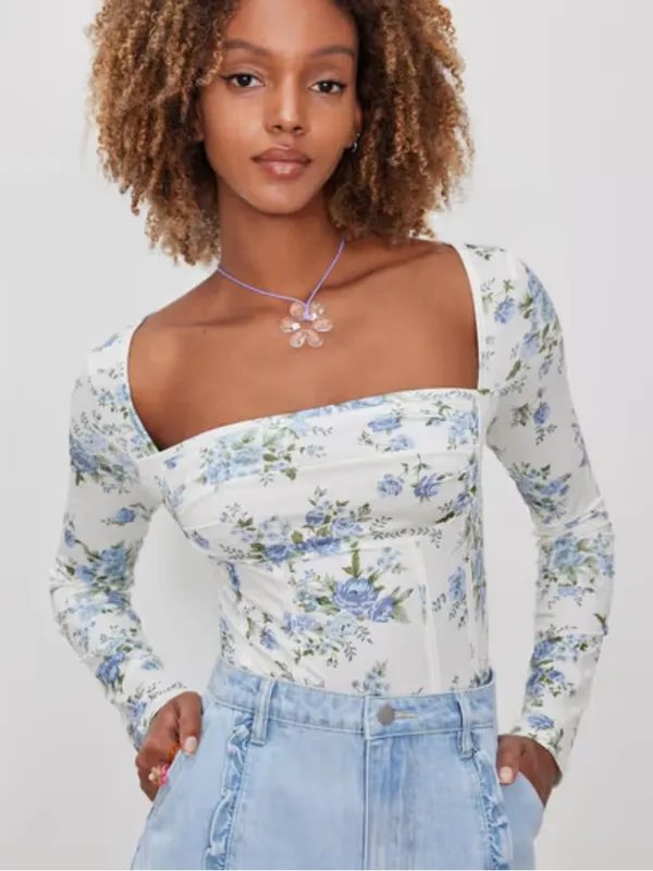 Cider Blue Floral Corset Style Long Sleeve Bodysuit Cream Size M NWT - Image 2