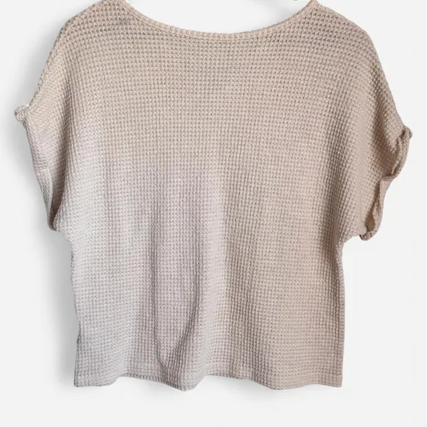 Cream Waffle Knit V Neck Top Short Sleeve Cuffed Thermal Shirt Sz L - Image 2