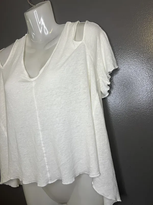 Free People Shirt Womens Small White V Neck Cold Shoulder Ruffle Sleeve Boho - Image 3