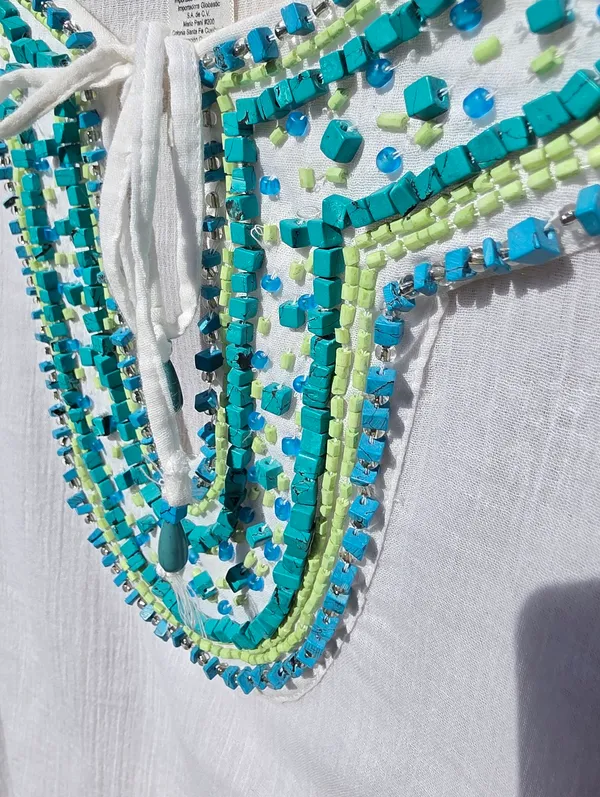 CHICO'S Turquoise Beaded Tunic OS Embellished Swim Coverup Top - Image 4