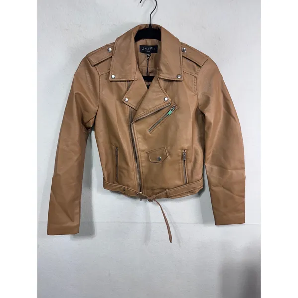 Women's Love Tree Faux Leather Moto Jacket Camel‎ Belted Biker Minimalist S New - Image 6