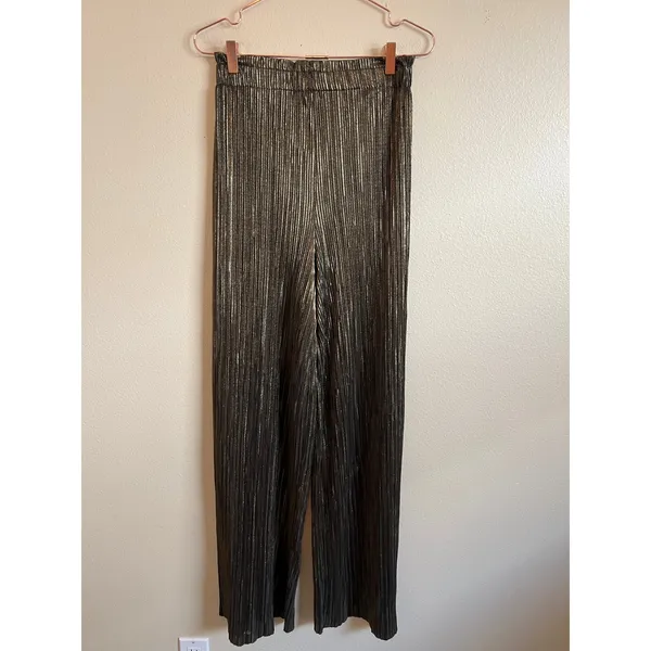 Zara Pants Women Small‎ Gold Wide Leg Pleated Metallic High Waist Party Holiday - Image 3