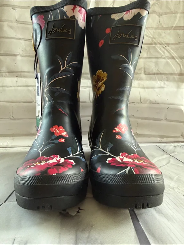 Joules Black Floral Waterproof Women's Rain Boots with Gold Buckle - Image 3