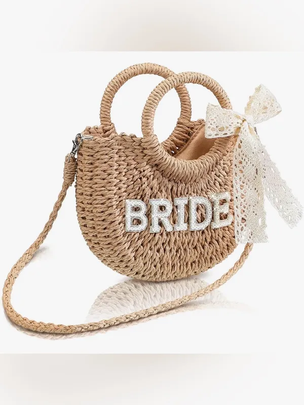 Pinkunn Straw Pearl Rhinestone BRIDE Bag Half Moon Crossbody/Handbag Purse - Image 11