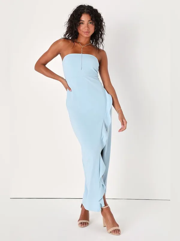 LULU’S After Hours Light Blue Strapless Ruffled Maxi Dress - Image 6